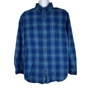 Duluth Trading Co Mens Blue Plaid Flannel Shirt Size Large Trim Fit Long Sleeve